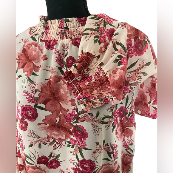 NWOT Torrid Shiffon Smocked Mock Neck Floral Pink Sheer Blouse  Size 4 - Picture 4 of 13